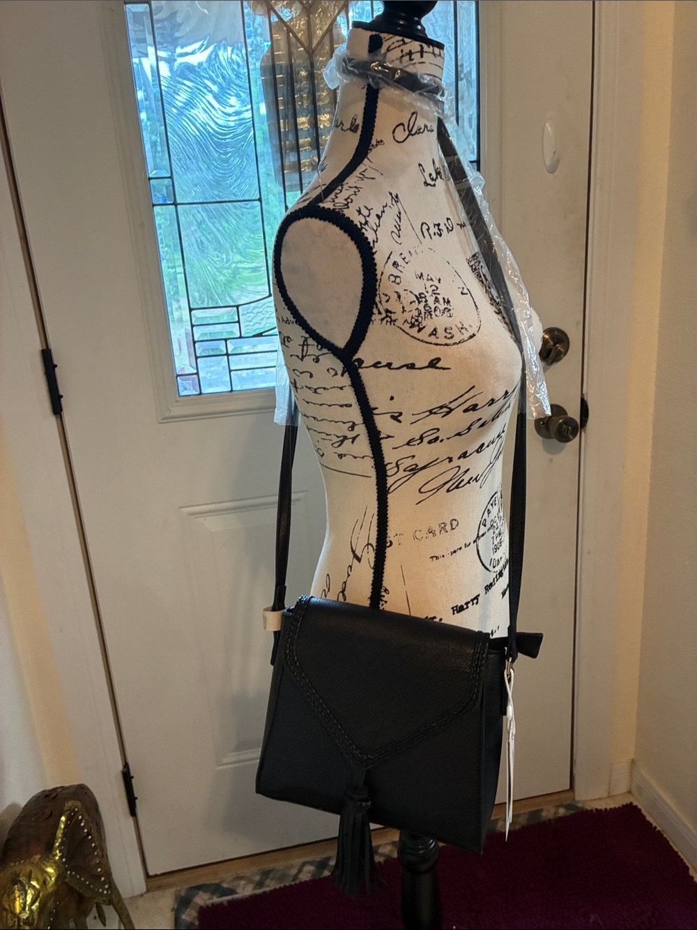 Vegan Leather-Black Leather Crossbody Bag w/Tassel Accent-New with Tags